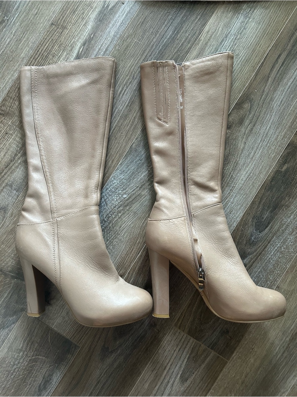 Sleek leather Knee-High Heeled Boots in Beige
